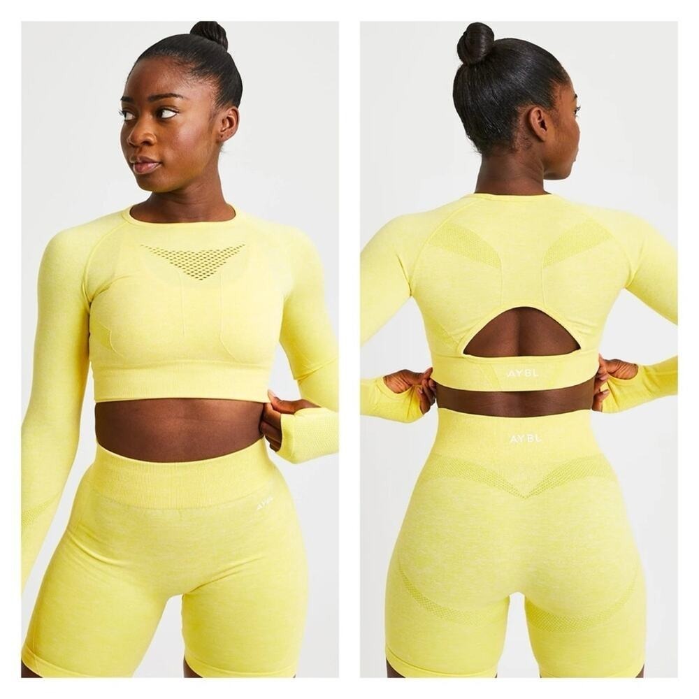 NWT AYBL Motion Long Sleeve Cut Out Crop Top XS Yellow